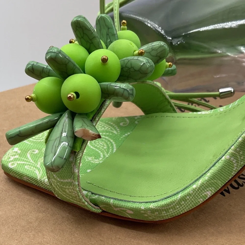 Schutz Green Paisley Beaded Ankle Wrap Stiletto Square Toe Sandals Women 6B